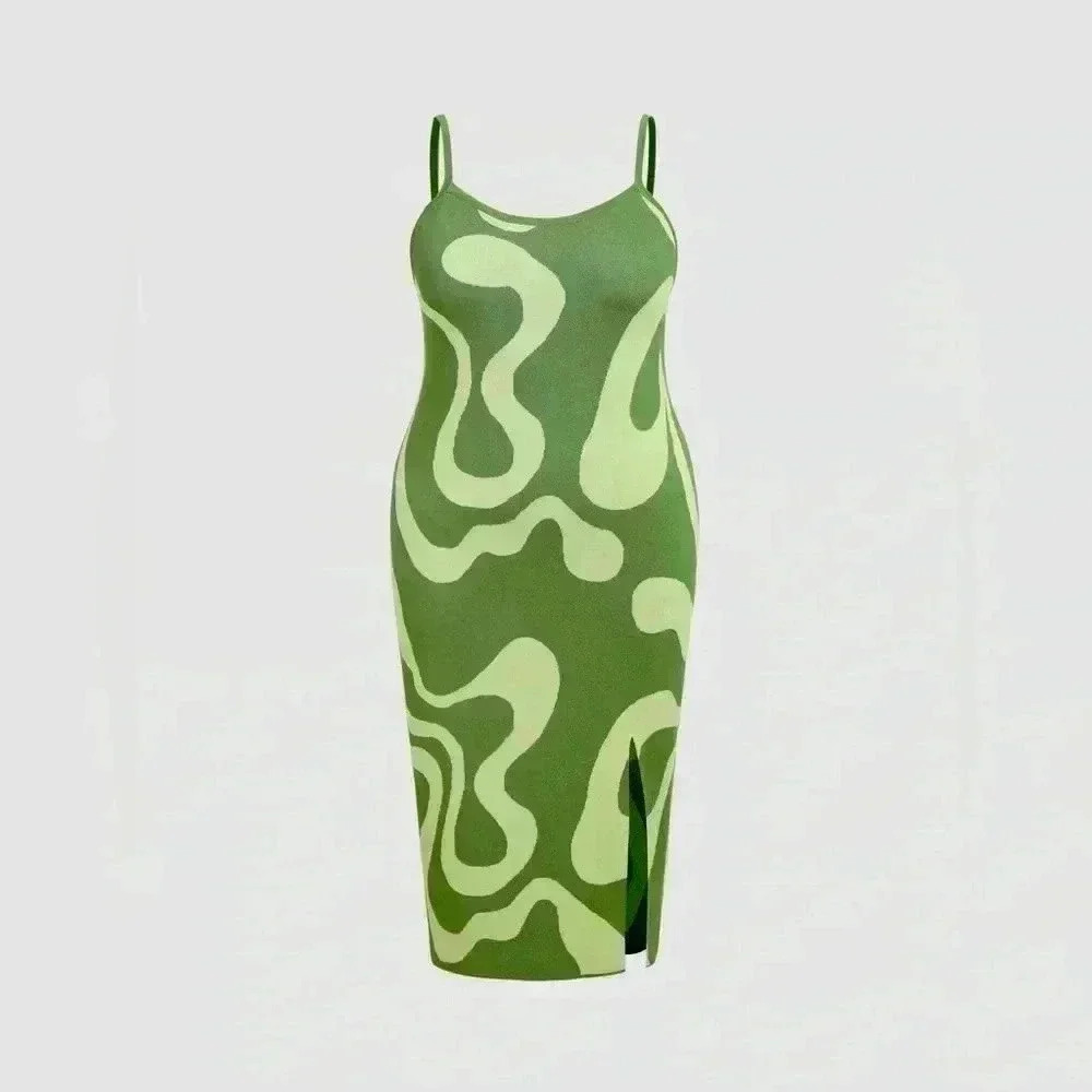 Knit Jersey U-neckline Contrasting Split Midi Dress